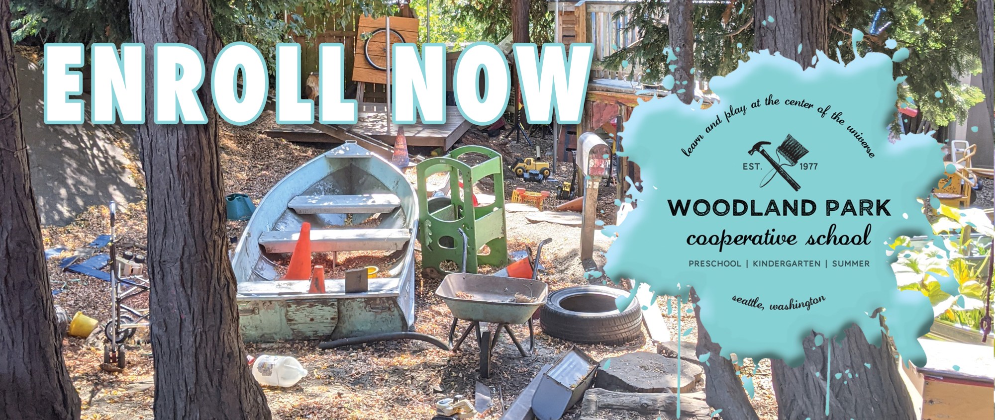 Woodland Park Co-op Enroll Now Kindergarten & Preschool. Junkyard playground with WPC logo.